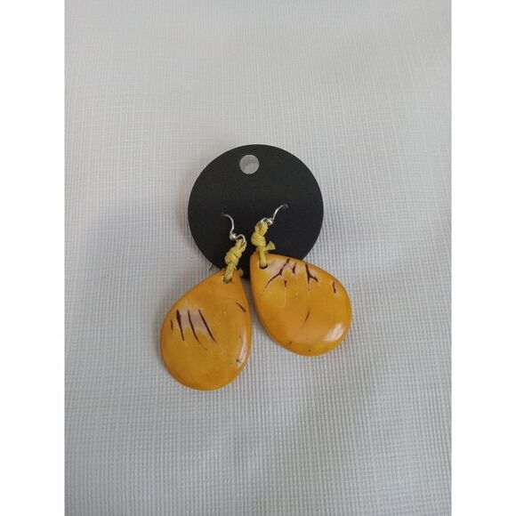 Orange and Yellow Teardrop Shaped Tagua Nut Dangle Drop Style Fashion Earrings - Picture 6 of 7